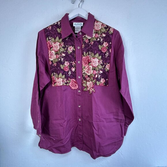 The Quacker Factory Womens Floral Embroidered Long Sleeve Button-Up Shirt Large - Picture 1 of 7